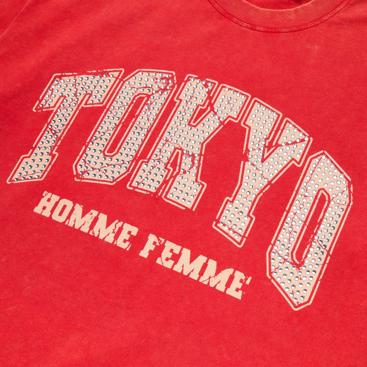 Close-up of the Tokyo Rhinestone Red Tee featuring sparkling rhinestone details on the front for both men and women