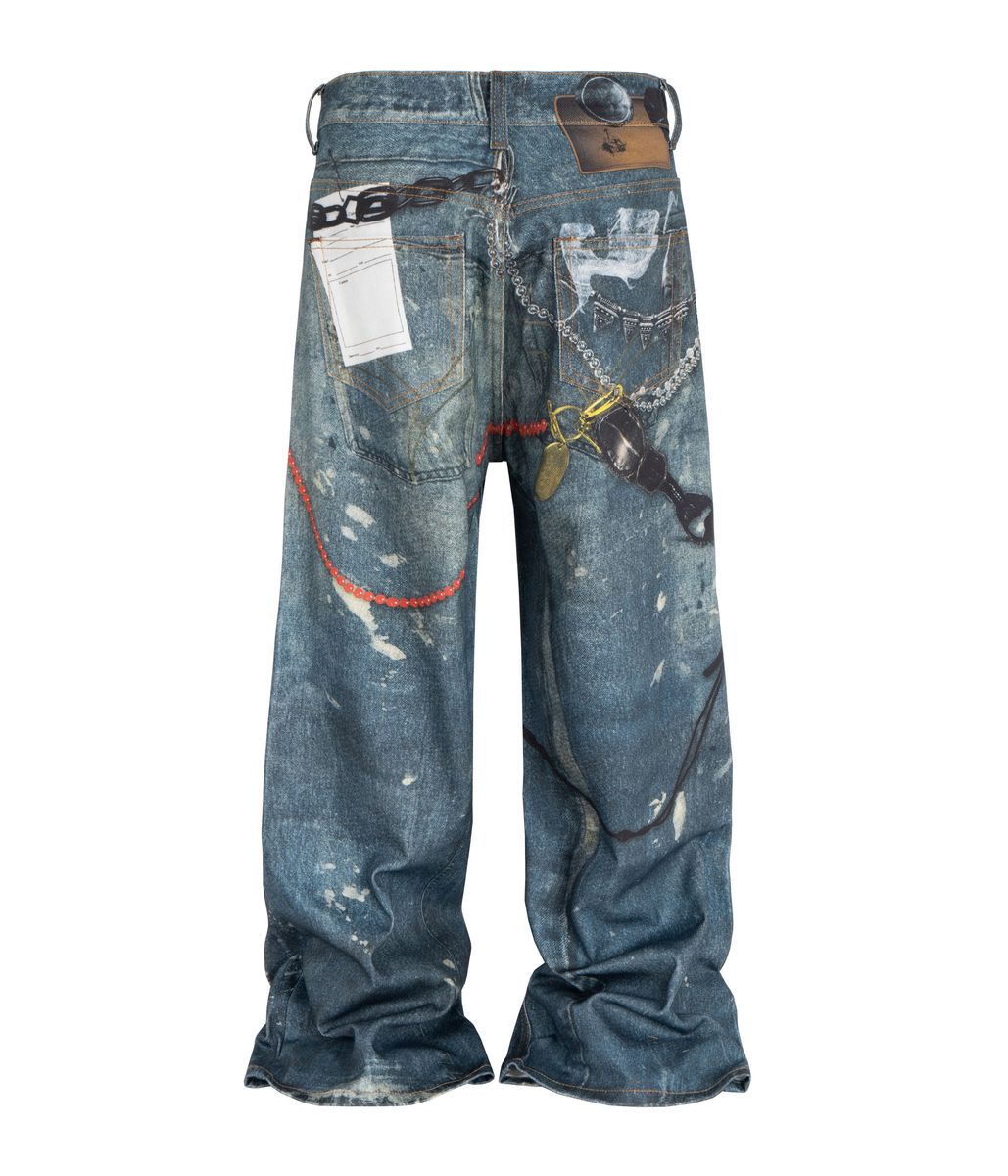 Undeveloped Wideboy Hardware Blue Denim Jeans with sandblast finish and graphic design