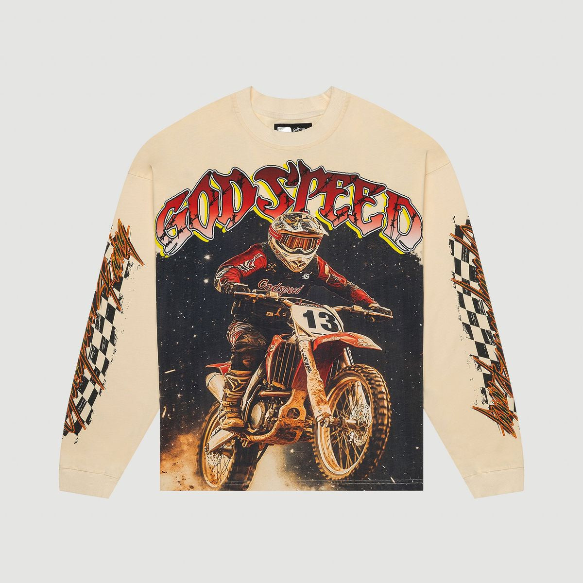 Striking Godspeed Full Throttle Long Sleeve in Bone with detailed artwork and stone embellishments
