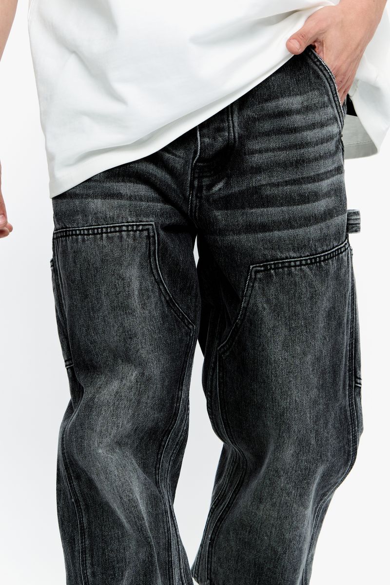 Full-length side profile of Valabasas Mr Straight Grey Denim Jeans emphasizing the straight leg cut