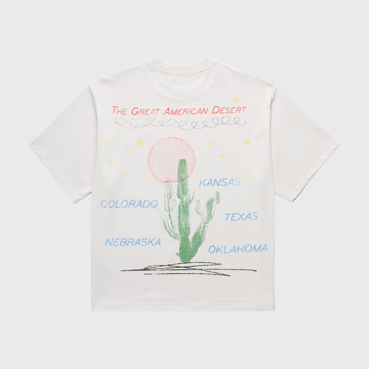 Homme + Femme Trucking Co White Tee showcasing grandfathers trucking company logo with detailed desert motif on the back and angel trucking illustration on the front