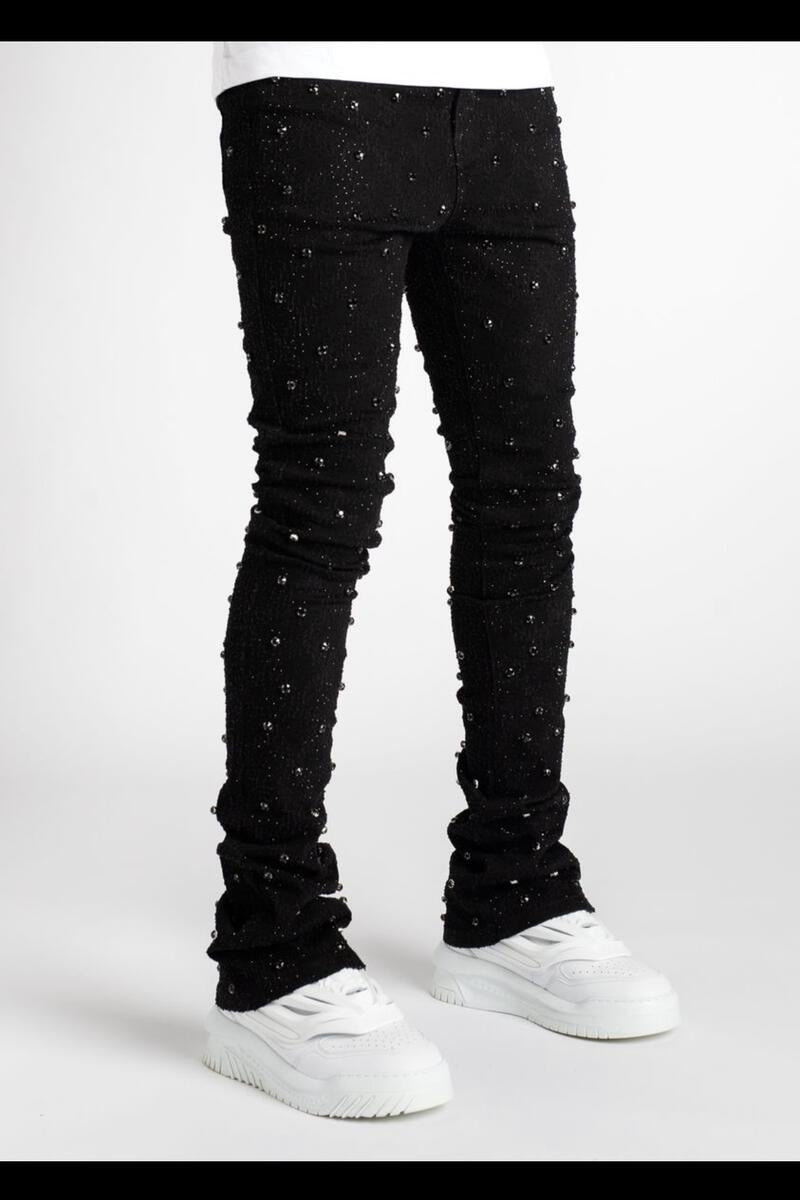 Vicious Embellished Black Flared Denim Jeans with silver studs and embroidery