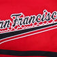 Back view of athletic shorts displaying team logo and script tail design in red and black