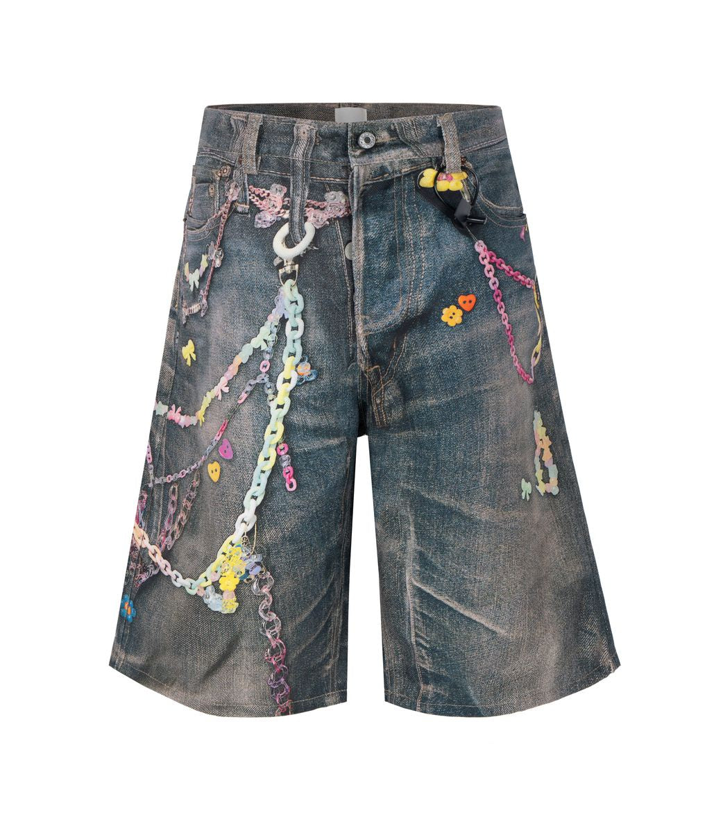 Heavyweight denim fabric with all over graphic print and relaxed fit shorts