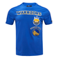 Close-up of the Golden State Warriors logo and retro design on the royal blue men's T-shirt