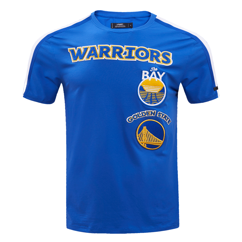 Close-up of the Golden State Warriors logo and retro design on the royal blue men's T-shirt