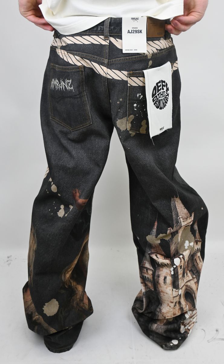 Full view of Amor Jeans Digital Print Black Baggy Jeans (RM203B) featuring comfortable baggy style and 32-inch length