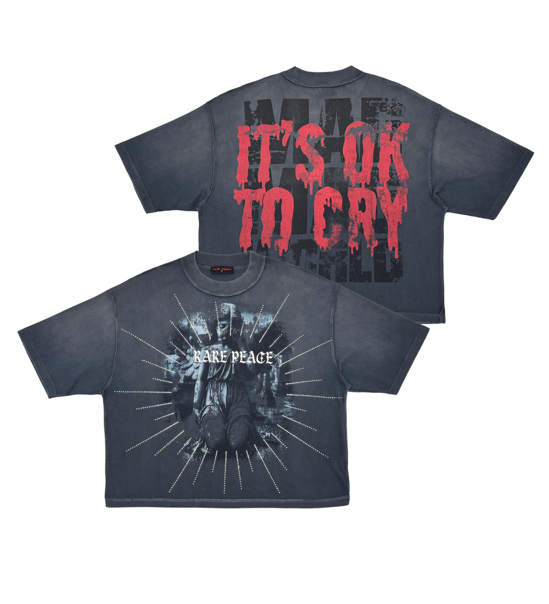 A dark grey t-shirt featuring the Rare Peace Cry design with product code RT5031