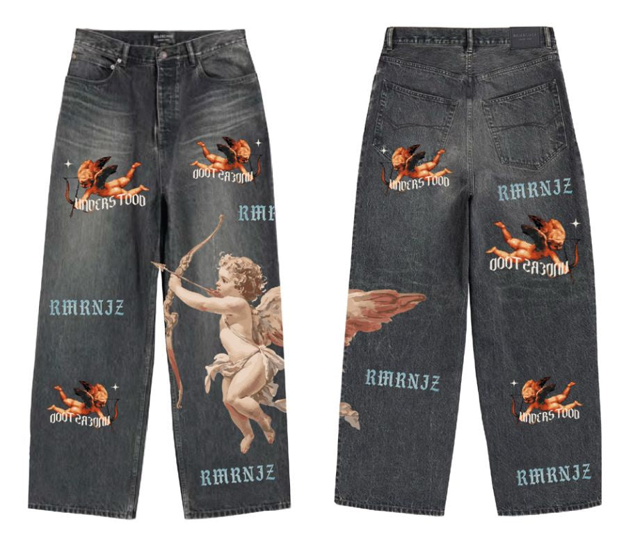 A pair of Amor Jeans Digital Print Black Baggy Jeans with 32-inch length featuring a stylish digital print design