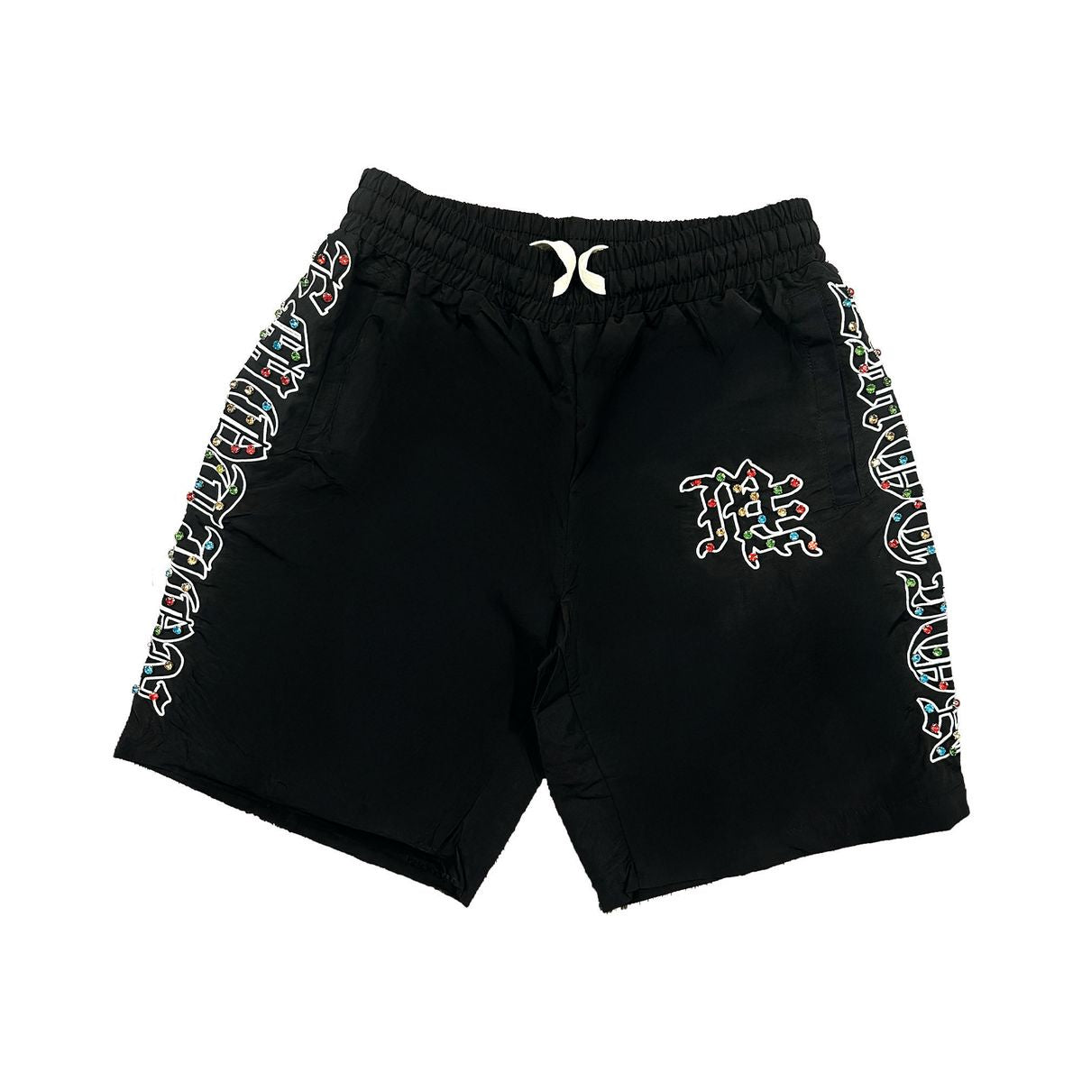 A stylish pair of black nylon shorts adorned with rhinestones, featuring the Mixed Emotion ME design for a trendy and eye-catching look