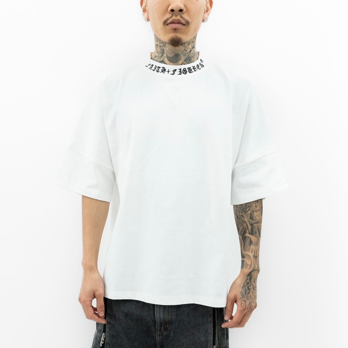 Full view of the Faith+Figures Faith+ Jumbo short sleeve tee in white color, highlighting its classic fit and comfortable style