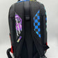 Front view of the Sprayground Shark Central Stencils backpack highlighting its spacious 18 x 115 x 65 dimensions and stylish black finish