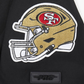 Detail of the neck and sleeve design elements on the black Pro Standard San Francisco 49ers T-shirt