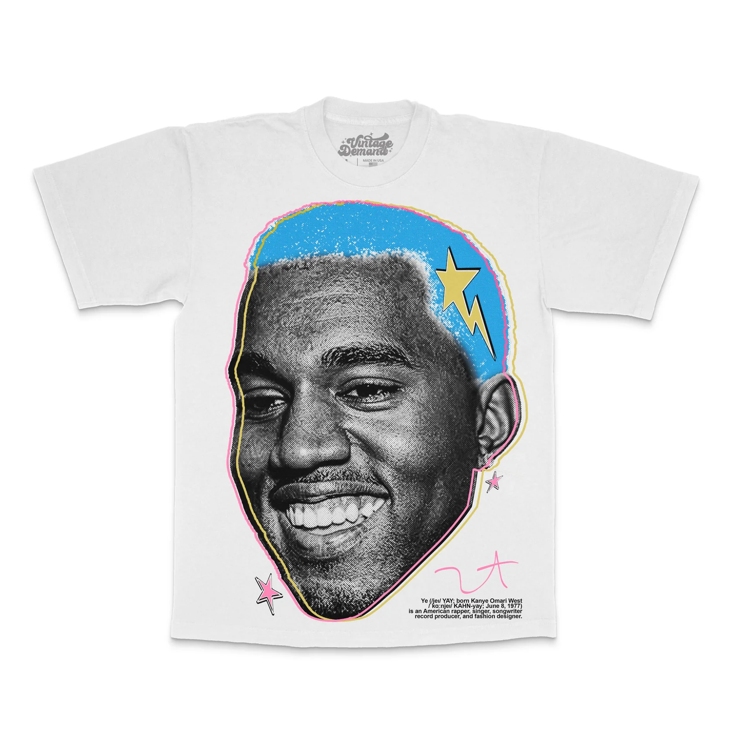 White Kanye Bape Head vintage tee featuring oversized fit, 100% cotton, shrink-free material, and made in Los Angeles