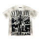 A white and black Syndicate World Tour T-shirt featuring bold graphic design