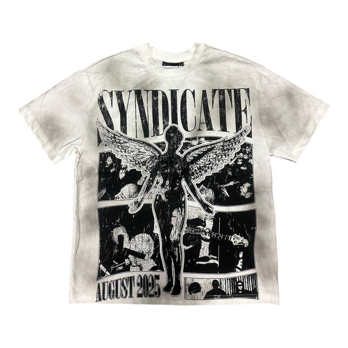 A white and black Syndicate World Tour T-shirt featuring bold graphic design