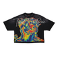 Close-up of the Rare Peace Heat Map Black Tee showcasing 100% cotton fabric, intricate heat map pattern, and textured flocking accents