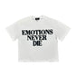 Stylish white rhinestone tee featuring bold Emotions Never End message with black sparkling rhinestone accents
