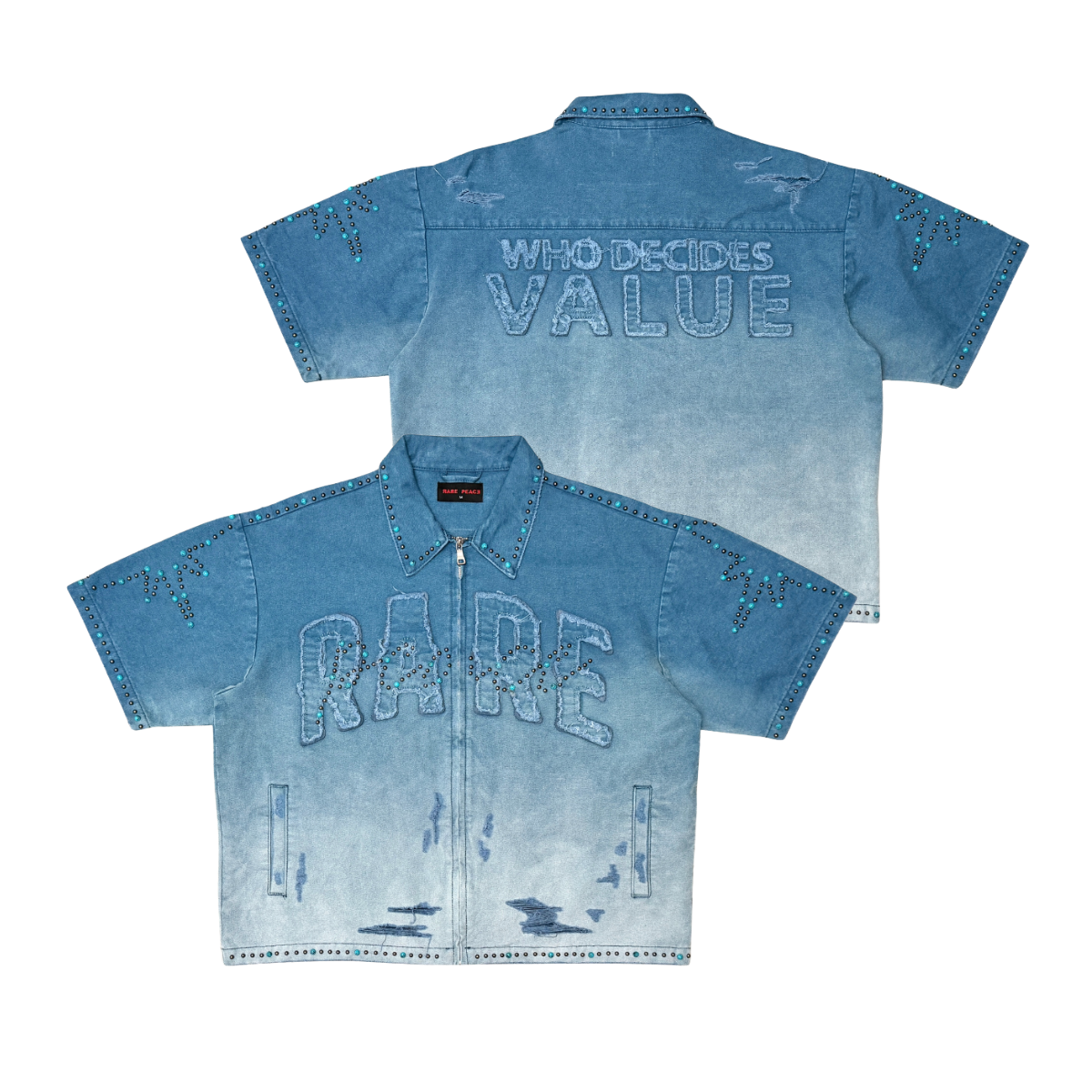 Rare Peace "Value" Zip Down Rhinestone Denim Blue Shirt (RJ6064 )