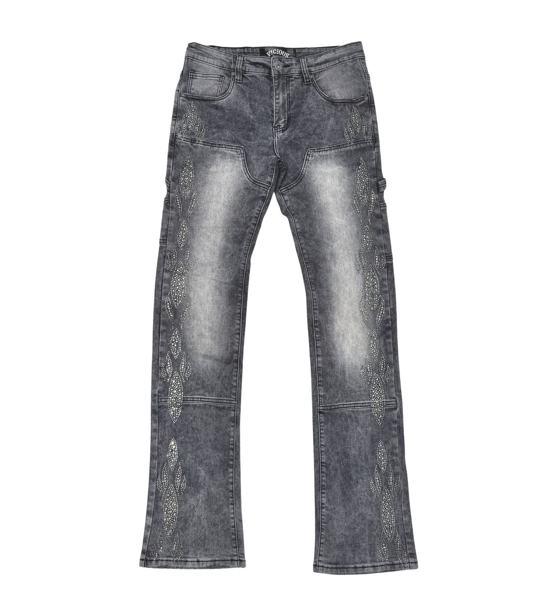 Vicious Carpenter Flare Grey Denim Jeans with Rhinestone Details and Stylish Design