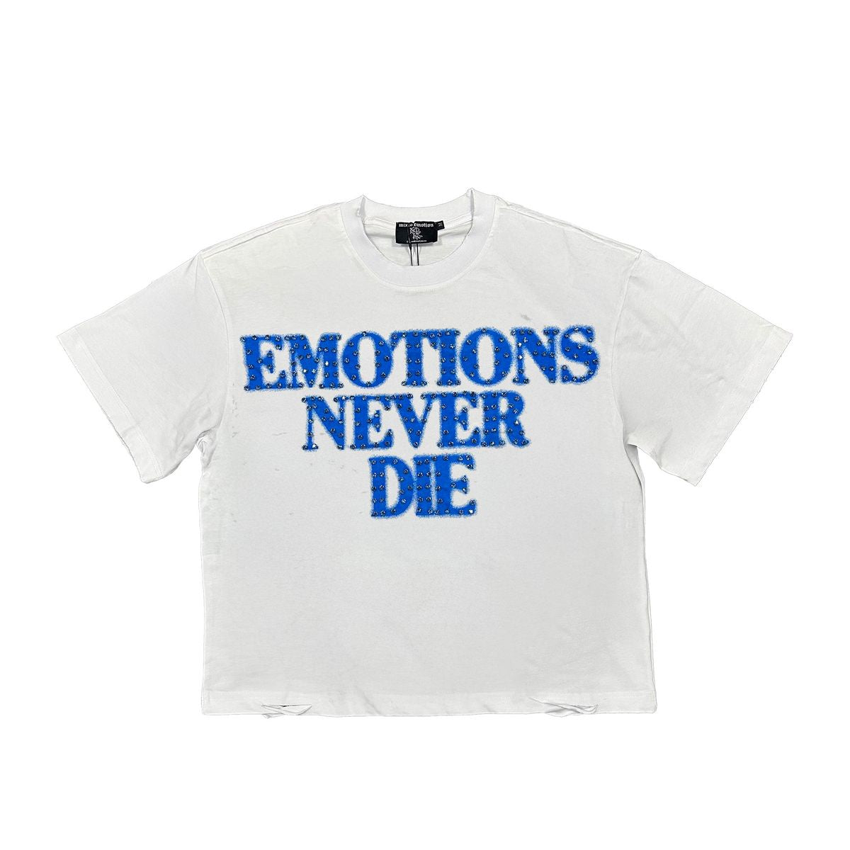 A white and blue rhinestone t-shirt featuring the phrase Emotions Never End with mixed emotions design