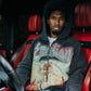 Full view of the zip-up hoodie showcasing the mixed emotion Cupid graphic and rhinestone details