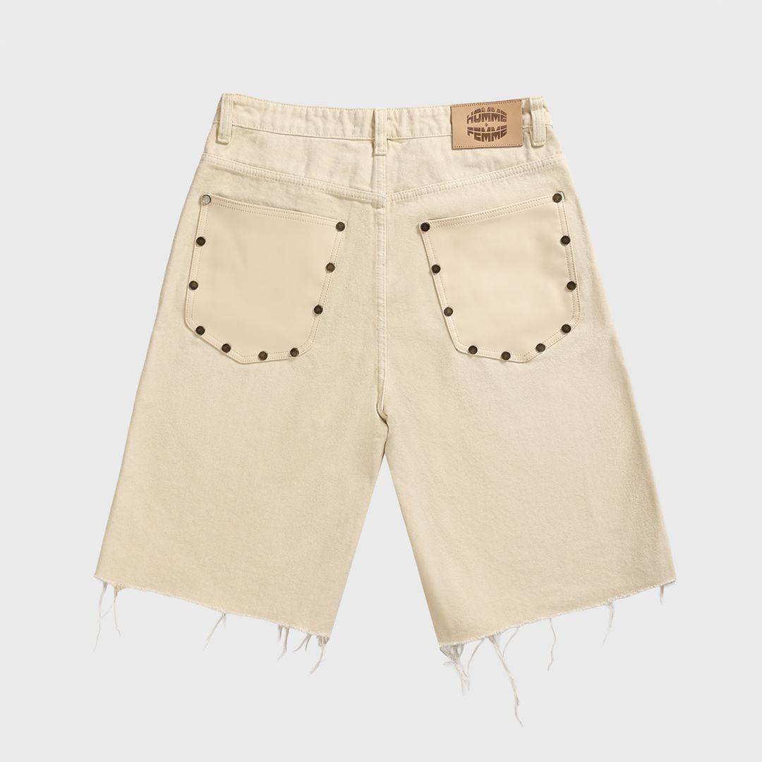 Homme + Femme "Arsenal" Studded Denim Shorts - Cream