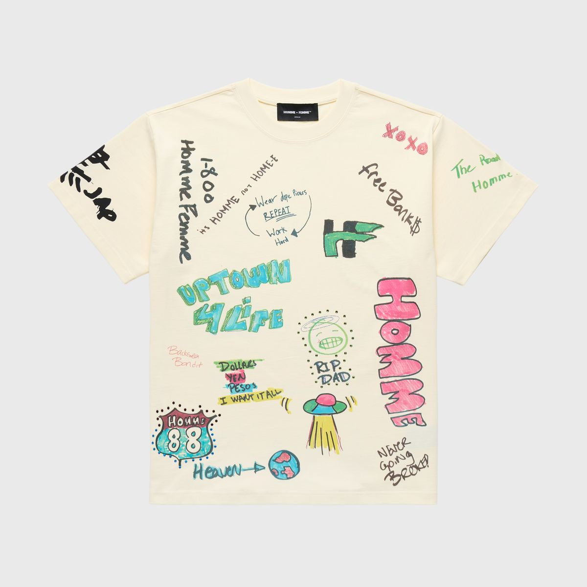 Hand-drawn graffiti and tag illustrations on off-white men's and women's tee