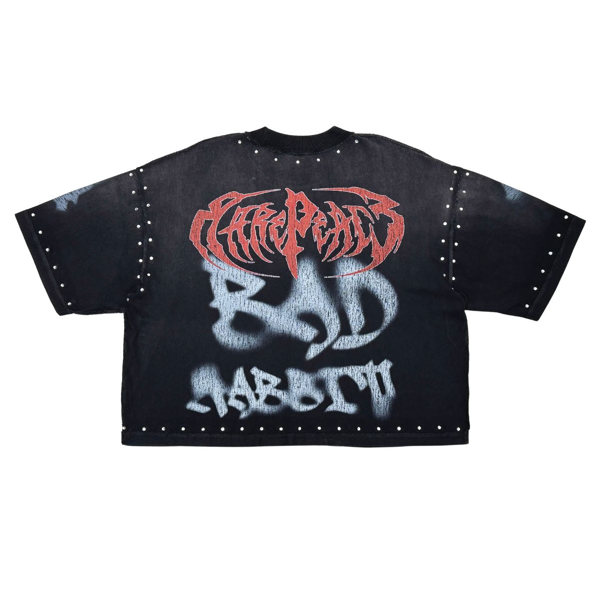 Front view of the Rare Peace RP Skull rhinestone black tee showcasing detailed skull artwork and high-quality fabric