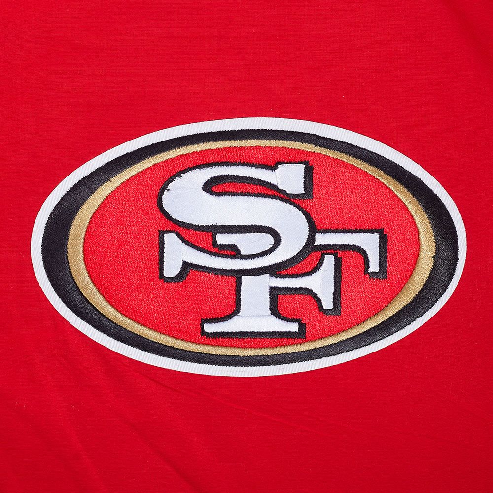Detail shot of the Pro Standard 49ers red full zip wind hoodie fabric texture