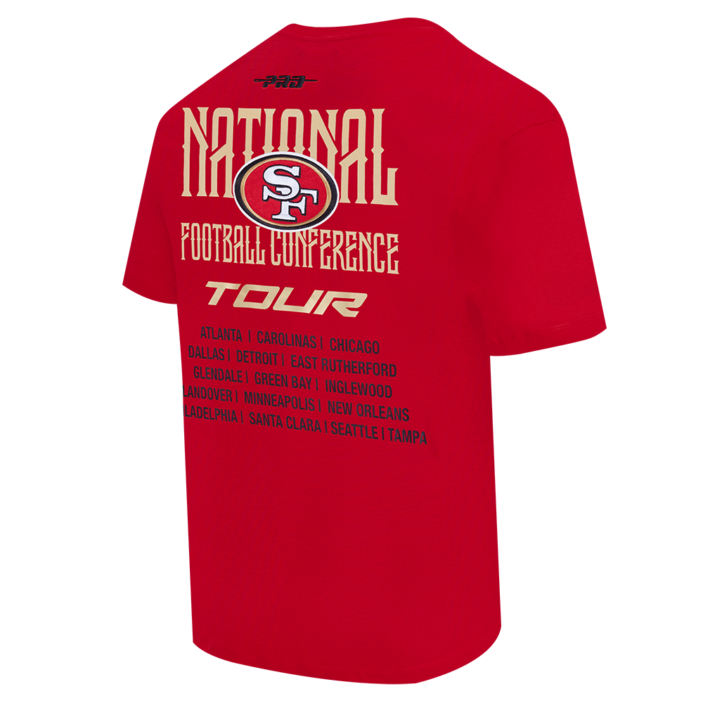 Right side of the men's red San Francisco 49ers T-shirt displaying the quality fabric and stitching