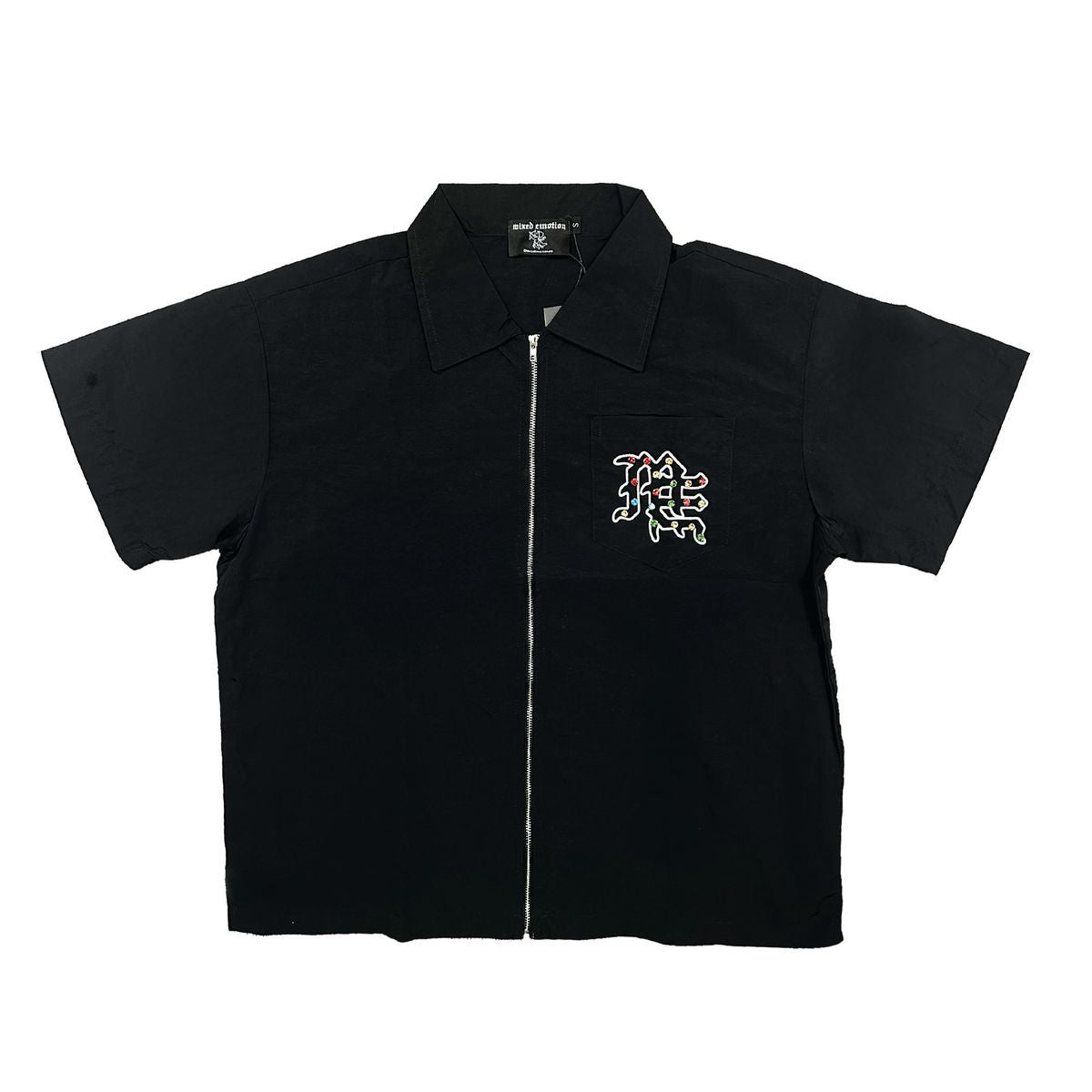 Stylish black zip-up tee featuring rhinestone embellishments spelling out ME for a bold fashion statement