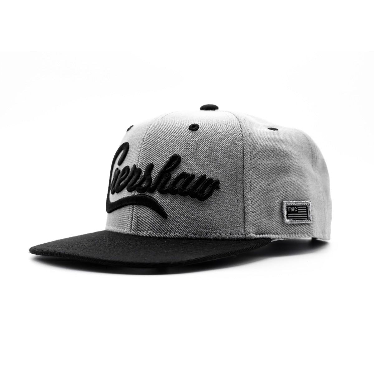 The Marathon Clothing Limited Edition Crenshaw Snapback - Grey/Black Flat Brim Hat with 3D Embroidered Logo and TMC Flag Label
