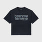 Close-up of the black Homme + Femme Mardi Gras cropped tee with screen printed text and rhinestones