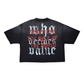 Detailed shot of the front of the Rare Peace Heat Map Black Tee emphasizing the high-quality print, flocking texture, and durable wash and print process