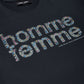 Front view of the black cropped Homme + Femme Mardi Gras tee showcasing its 100% cotton material and rhinestone embellishments
