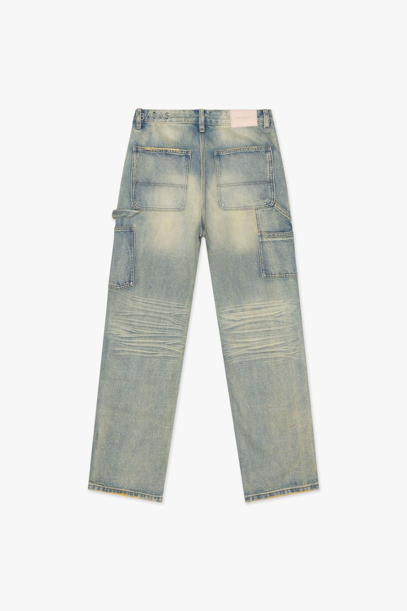 Full-length view of Valabasas Mr Straight vintage wash denim jeans highlighting the straight leg style