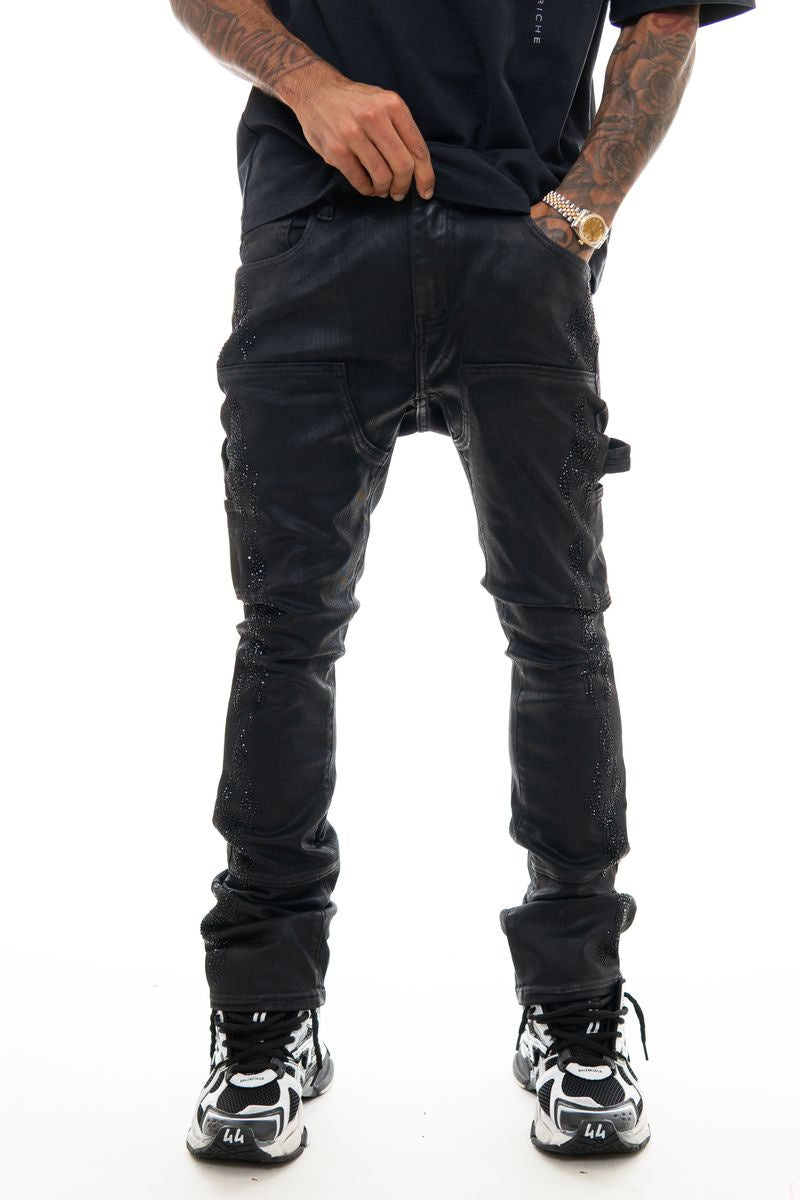 Vicious Embellished Wax Coated Black Denim Jeans with intricate embellishments and a sleek black finish