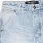 Front view of Valabasas Mr Straight light blue wash denim jeans highlighting button and zipper closure