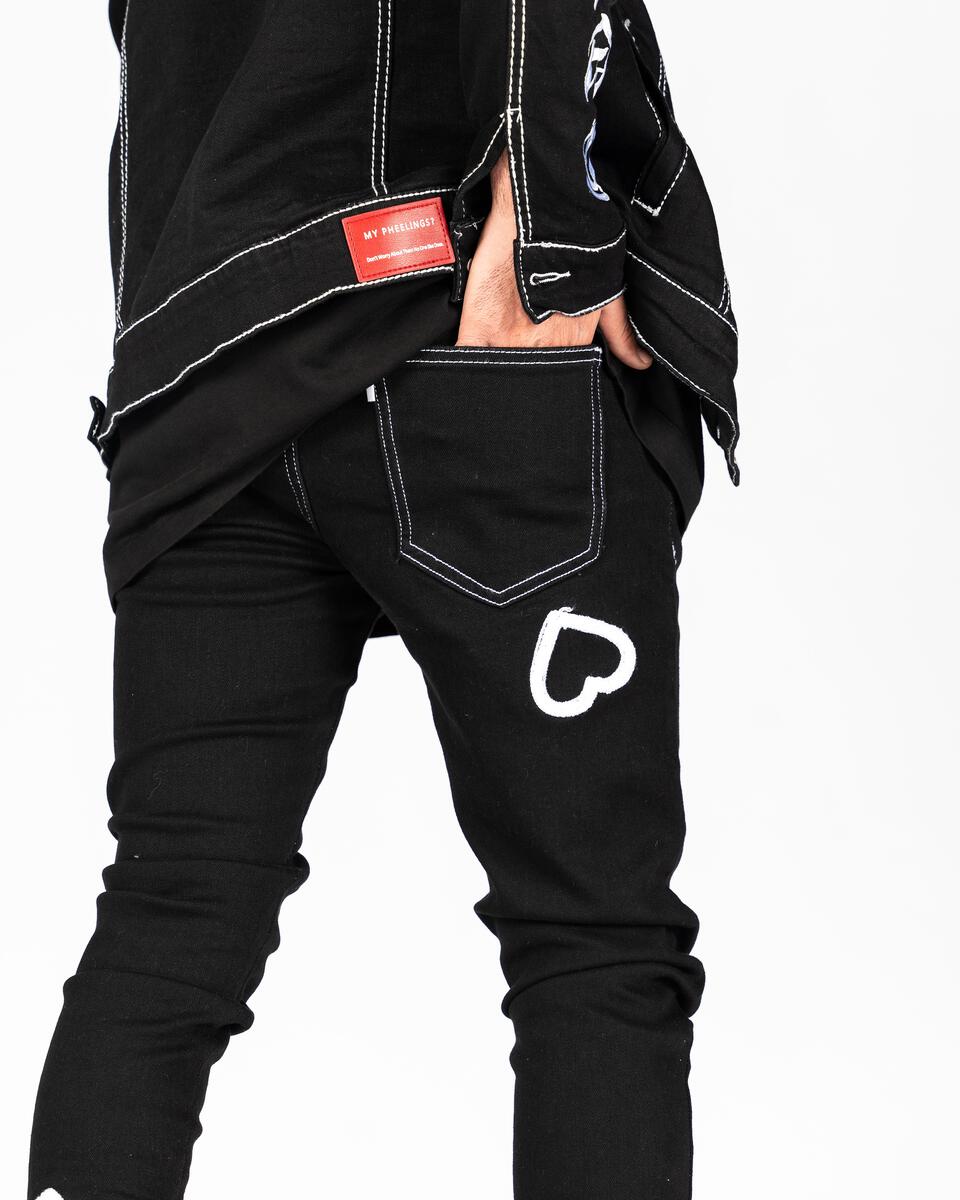 PH-FW23-20 denim with luminous love design and eye-catching jet black color