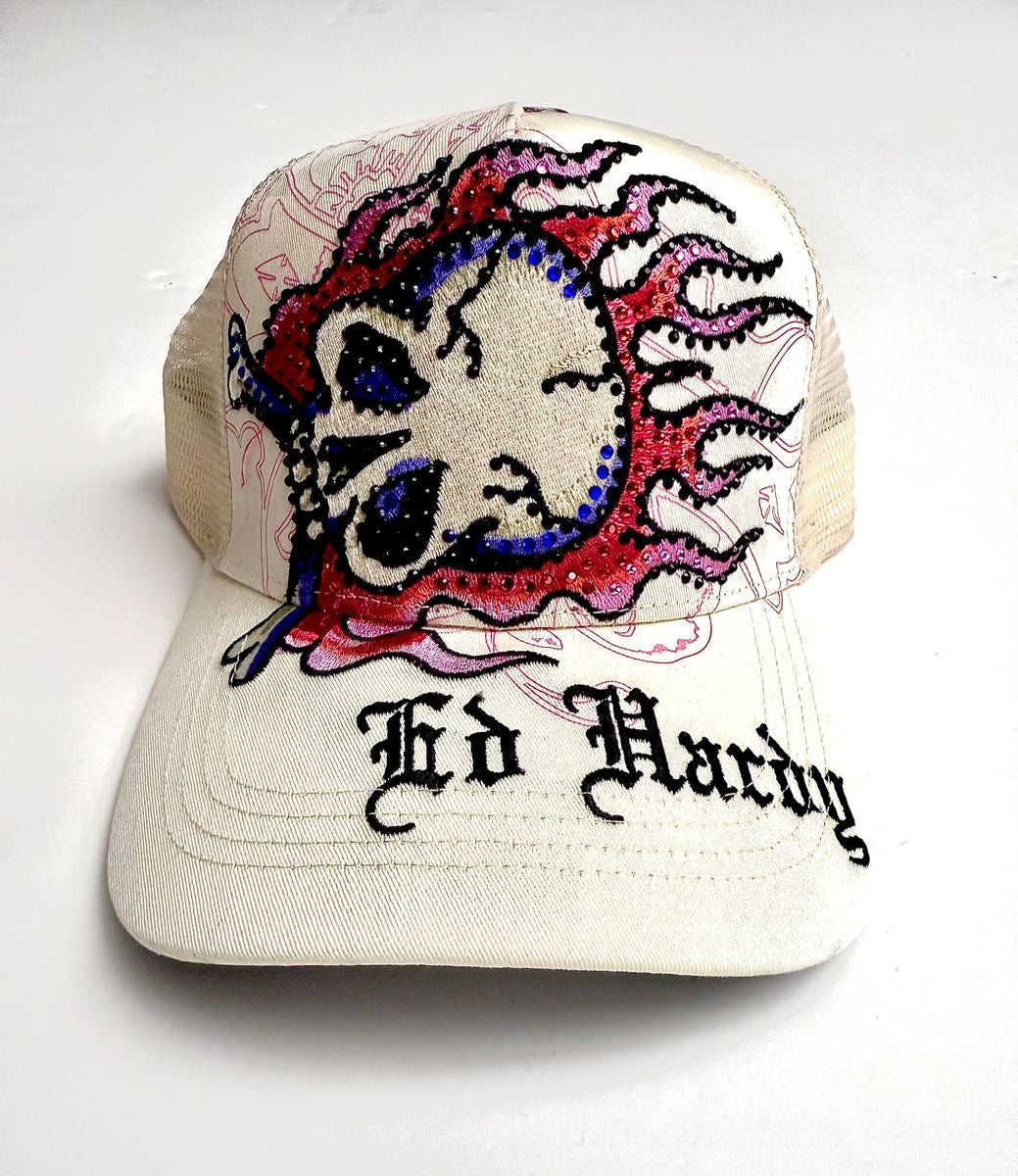 Ed Hardy Flame Skull Trucker Hat - Ivory