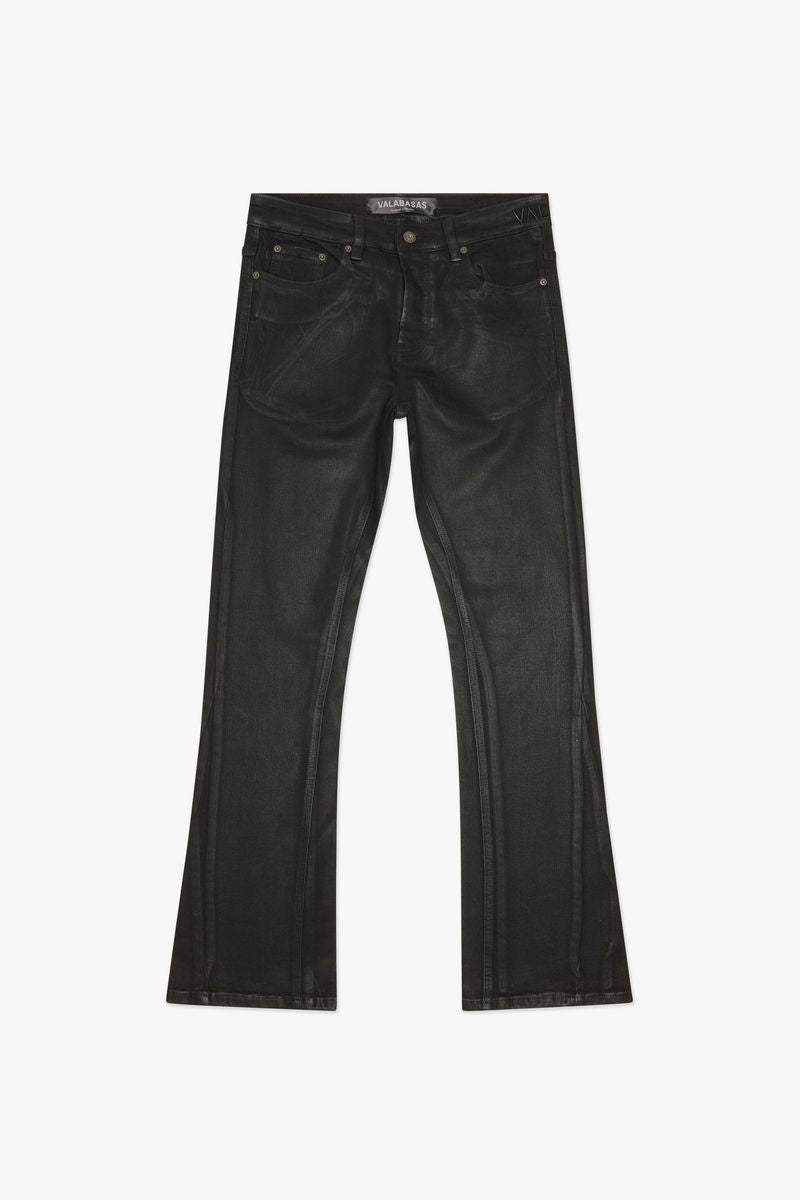  Close-up of the black waxed denim jeans with stacked design 