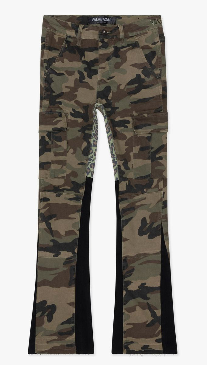 Heavy-camo patterned stacked flared denim jeans from Valabasas Commander 30 collection