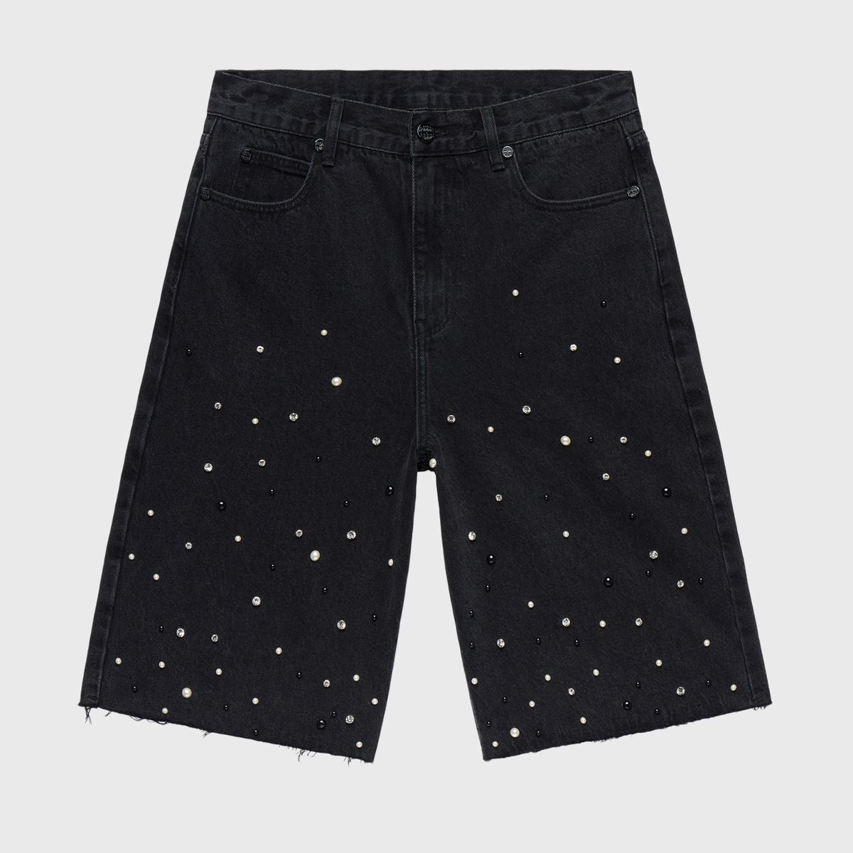 Black denim shorts for men and women with long, knee-length cut, heavy washes, hand-placed pearls, made from 14oz 100% cotton non-stretch denim