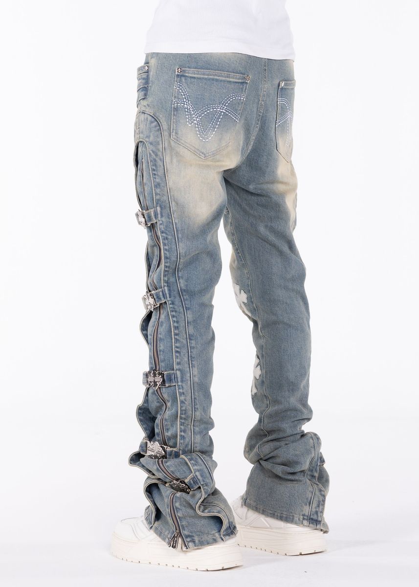 Guapi Vintage Blue Cross Buckle Denim Jeans