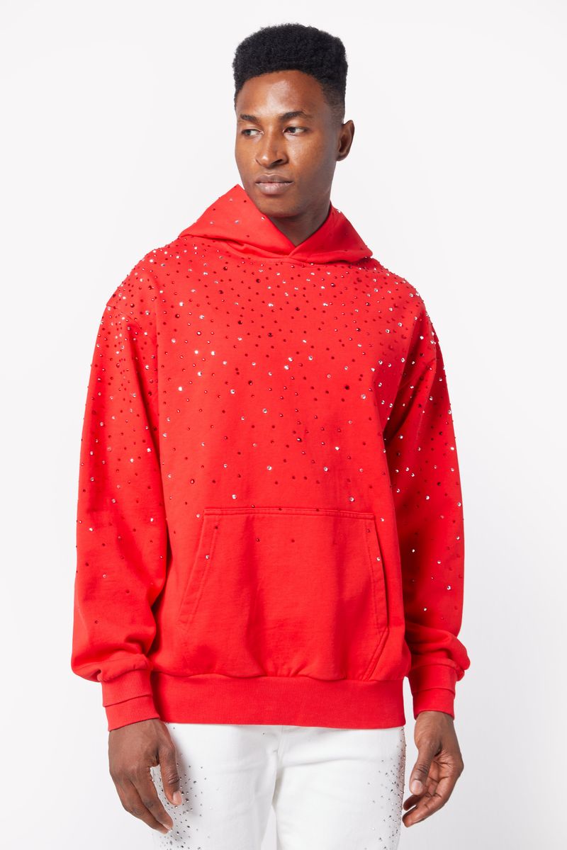 Guapi Blood Red Embellished Hoodie with intricate beading and hood detail