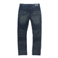 A close-up of Makobi Romano Vintage Blue Denim Jeans (M1934) showcasing classic distressed detailing and a stylish fit