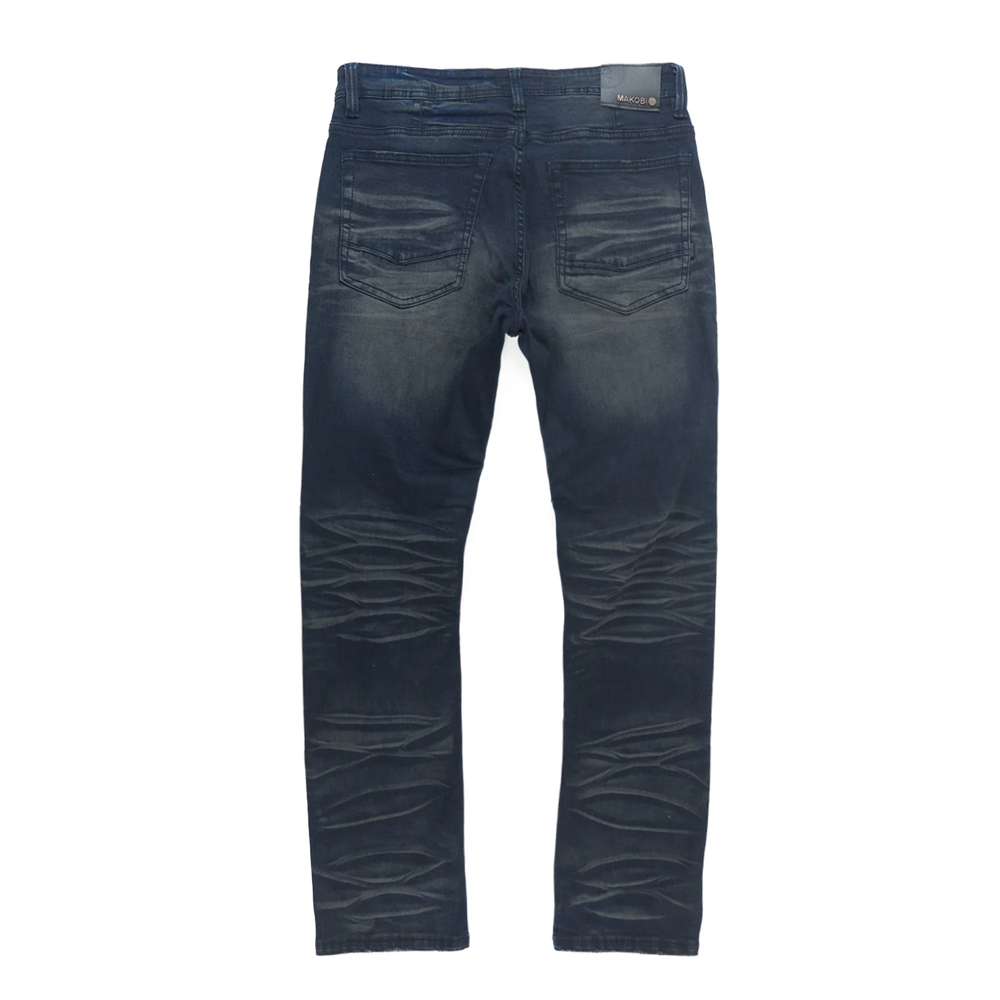 A close-up of Makobi Romano Vintage Blue Denim Jeans (M1934) showcasing classic distressed detailing and a stylish fit