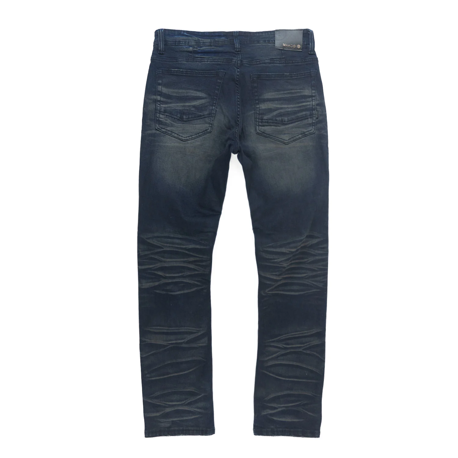 A close-up of Makobi Romano Vintage Blue Denim Jeans (M1934) showcasing classic distressed detailing and a stylish fit