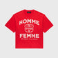 Red cropped tee with vintage one color print, made of premium 100% cotton fabric, 2 inches shorter than standard fitting tee